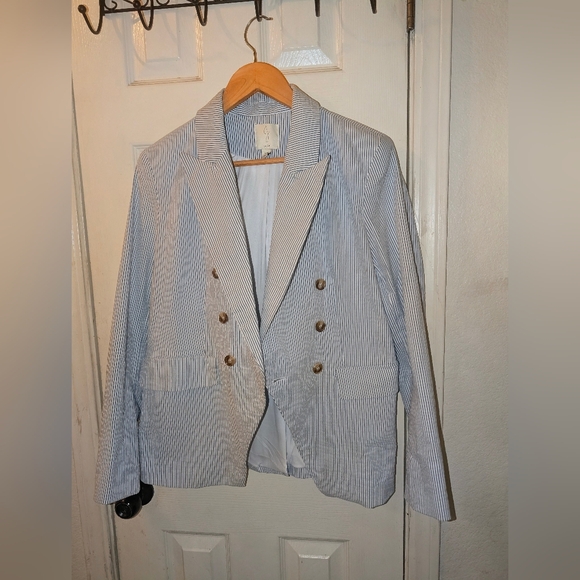 Joie White/Blue Striped Seersucker Blazer - Picture 3 of 5
